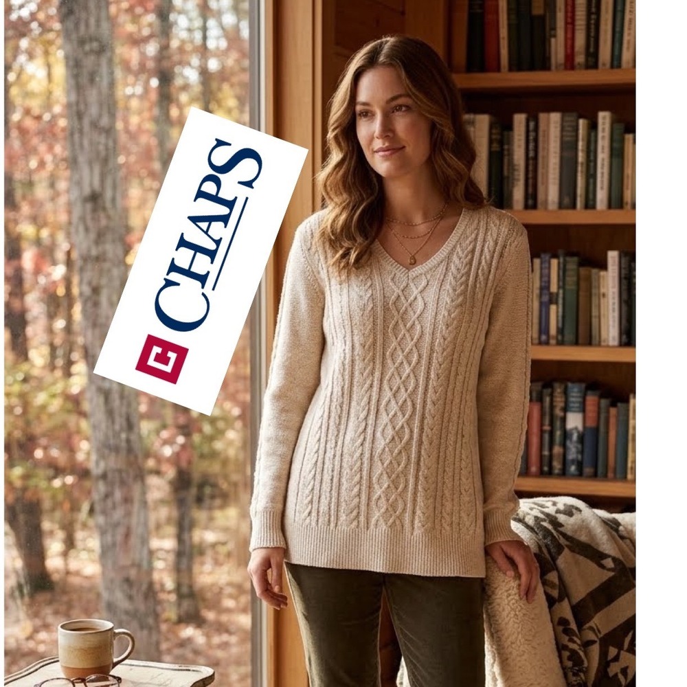 Chaps Classics Women 1X Cream Metallic Cable Knit V-Neck Sweater Long Sleeve